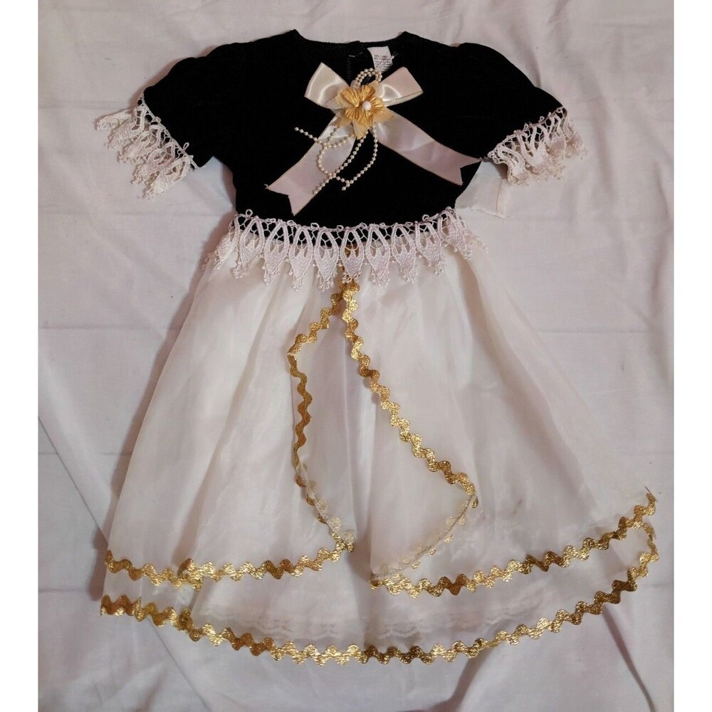 Vintage Velvet Dress Girls 2t  Lace With Gold Trim Circle Skirt Bow Party Dress - Picture 2 of 7
